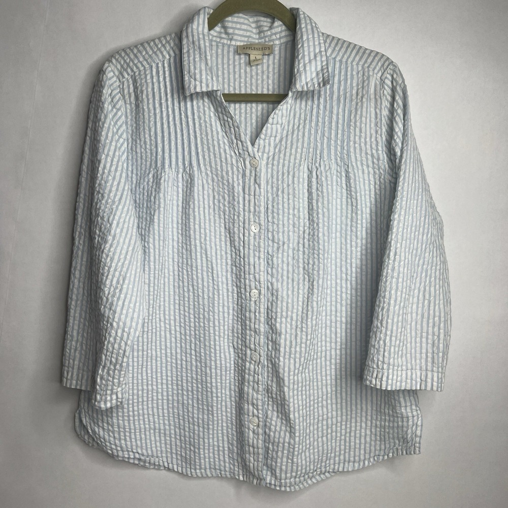 Appleseed's Seersucker Top Womens L Blouse Blue Cotton Button Front 3/4 Sleeve